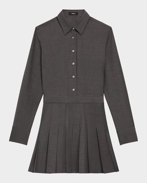 Pleated Wool Suiting Long-Sleeve Mini Shirtdress