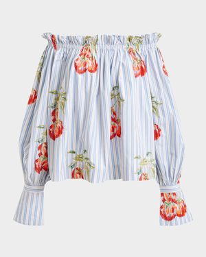Ihandstand Embroidered Striped Off-Shoulder Blouse