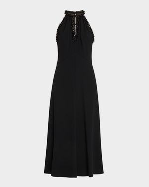 Aria Bead-Trim Halter Midi Dress