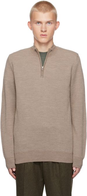 Sunspel Pull beige en tricot nid d'abeilles de laine mérinos à demi-glissière