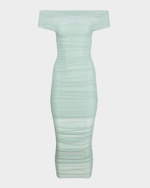 Noel Off-Shoulder Ruched Mesh Midi Dress