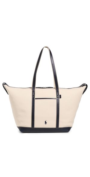Polo Ralph Lauren Leather Trim Canvas Large Shopper Tote Ecru/Navy One Size