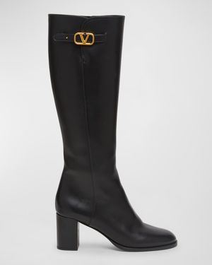 Leather Knee High Boots with V Logo