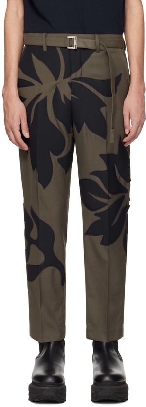 sacai Taupe & Navy Floral Appliqué Trousers