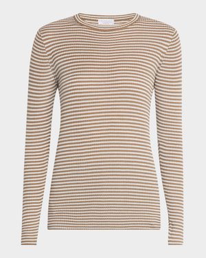 Shimmering Thin Rib Stripe Cashmere and Wool Long-Sleeve Top