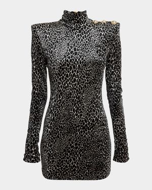 Leopard Velvet Button Strong-Shoulder Mini Dress