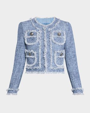 Cotton-Blend Short Jacket with Fringe Trim