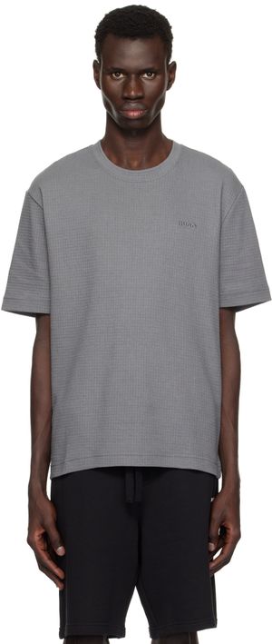Hugo Gray Waffle-Structured Logo Embroidered T-shirt