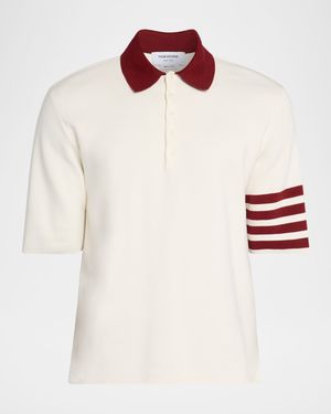 Men's Ecru Cotton Stripe-Sleeve Polo Shirt