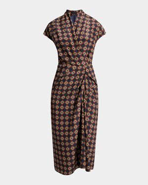 Dilian Geo-Print Draped Wrap Midi Dress