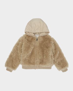 Girl's Teddy Fleece Nylon Hood Zip-Front Cardigan, Size 4-6