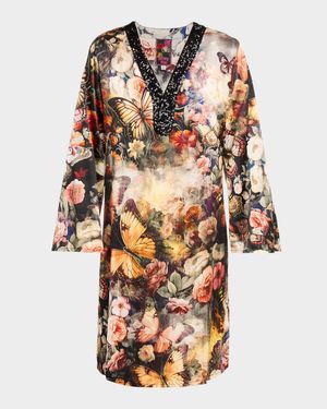 Judith Sequin Floral-Print Midi Shift Dress