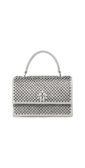 Tory Burch Kira Satin Embellished Mini Top Handle Bag Light Titanium One Size