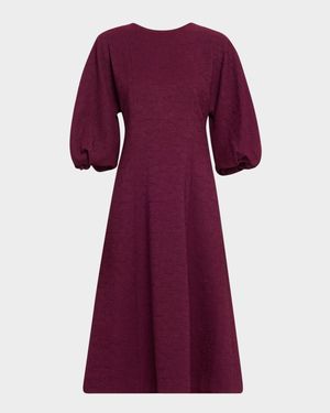 Balloon-Sleeve Jacquard Midi Dress