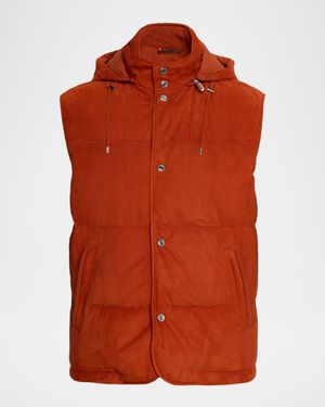 Men's Suede Hooded Snap-Front Vest