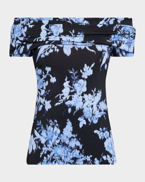 Blur Floral Gathered Off-The-Shoulder Top