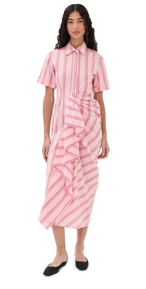 Rosie Assoulin Gathered Ruffle Shirt Dress Red Stripe 8