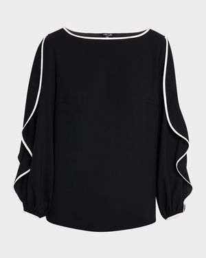Contrast-Trim Butterfly-Sleeve Crepe Blouse