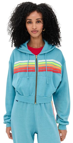 Aviator Nation 5 Stripe Cropped Zip Hoodie Aquamarine/White Neon L