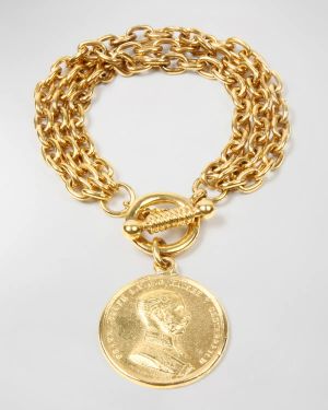 Gold Triple-Row Chain Bracelet w/ Coin Pendant