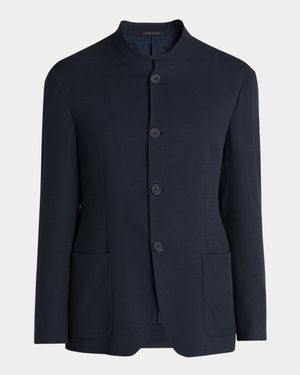 Men's Micro-Chevron Cupro and Viscose Collarless Sport Coat