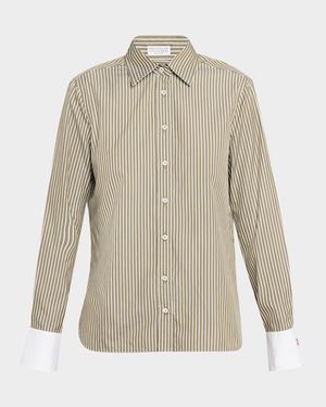 Pinstripe Cotton-Silk Button-Front Blouse