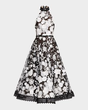 Greta Floral-Embroidered Halter Midi Dress