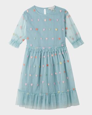 Girl's Embroidered Hearts Frill-Sleeve Tulle Dress, Size 4-8
