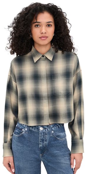 rag & bone Marin Cropped Plaid Shirt Navy Plaid M