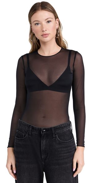 Commando Chic Mesh Crew Neck Long Sleeve Thong Bodysuit Black XL
