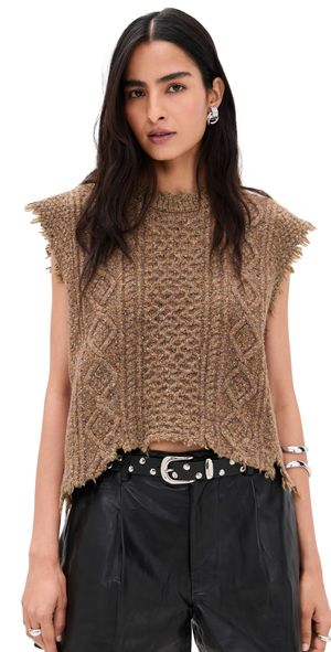 R13 Boyfriend Cable Sweater Vest Brown Tweed L