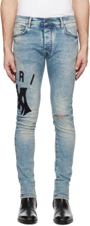 AMIRI Blue Suede Applique Logo Skinny Jeans
