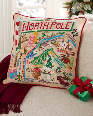 North Pole City Hand-Embroidered Pillow, 20" Square