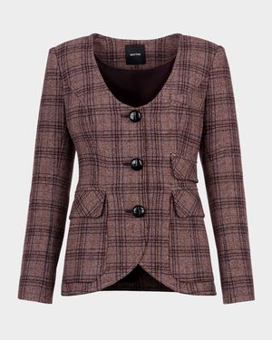 Plaid Tweed Portrait Neck Blazer