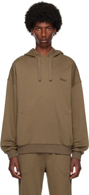 ZEGNA Pull à capuche brun à logo brodé