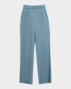 Silky Twill Belted Straight-Leg Pants