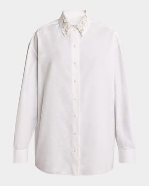 Beaded Pearly Collar Button Down Cotton Blouse