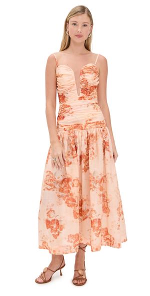 Zimmermann Cascadian Strapless Midi Dress Red Botanical Floral 0