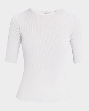 Ribbed Elbow-Sleeve Crewneck Top