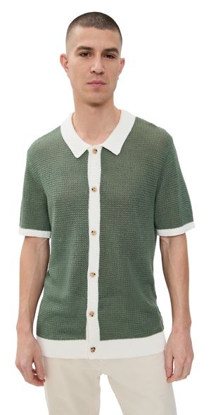 Onia Linen Short Sleeve Button Up Sweater Seaspray/White XL