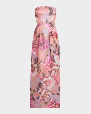 Strapless Floral-Print Shimmer Gown