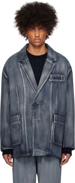WOOYOUNGMI Veston bleu en denim à simple boutonnage et à ornements peints