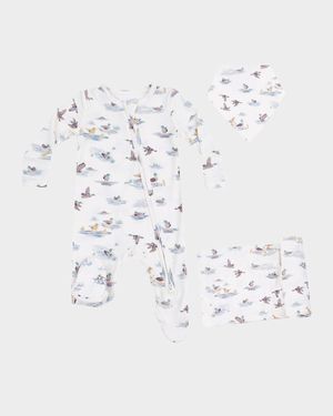 Boy's Migrating Mallards 2-Way Zip Footie Romper, Swaddle Blanket & Bib Set, Size Newborn-9M