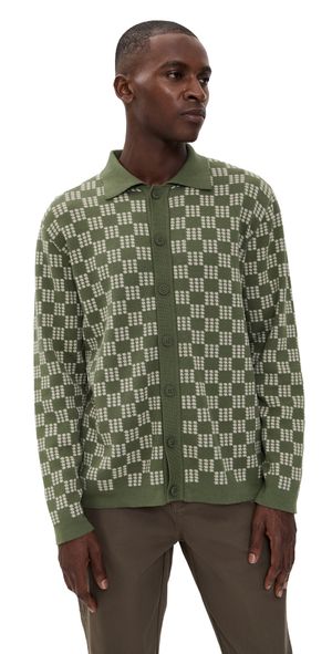 Far Afield Zigger Crisscross Full Button Sweater Green/Stone S