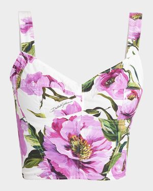 Peony-Print Cotton Popeline Crop Bustier Top