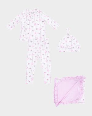 Girl's Dainty Buds and Bows Stripe 4-Piece Set, Size Newborn-3M