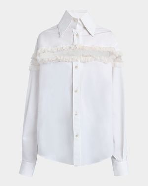 Ruffle-Inset Button-Down Blouse