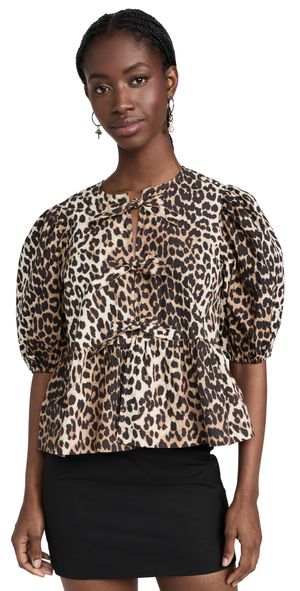 GANNI Printed Cotton Poplin Peplum Blouse Leopard 42