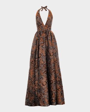 Venus Low-Back Halter Floral Jacquard Gown