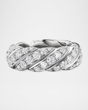 Sculpted Cable Flex Band Ring with Diamonds in 18K White Gold, 7.5mm